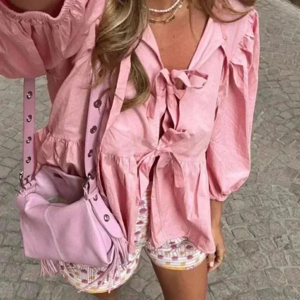 Pink Cute Women's Plain & Daily Wear Tie-Up Shirt